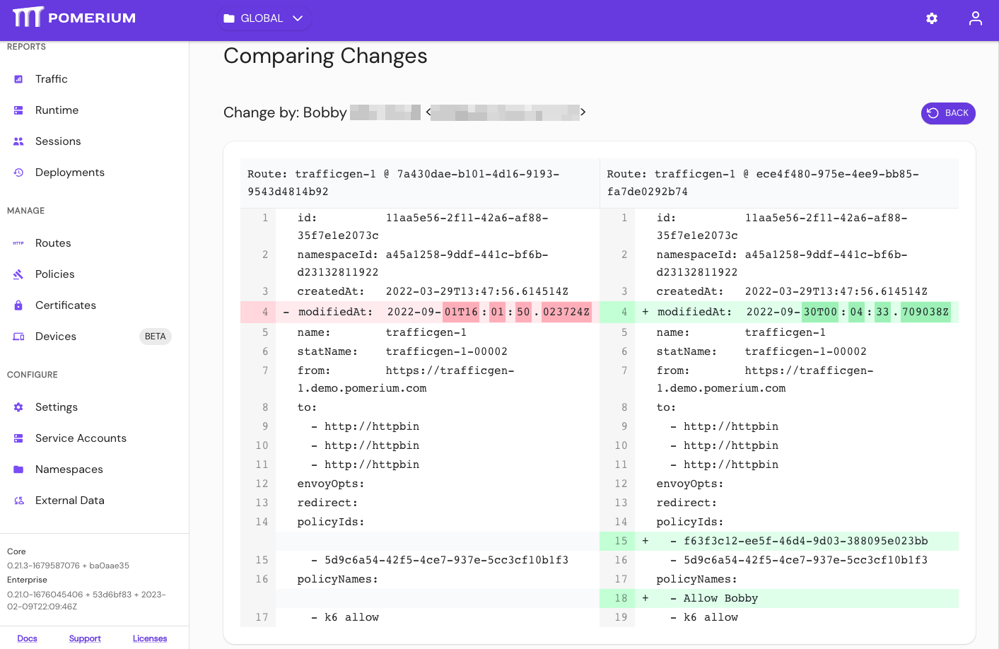 A screenshot showing the diff of a change to a route, adding a policy